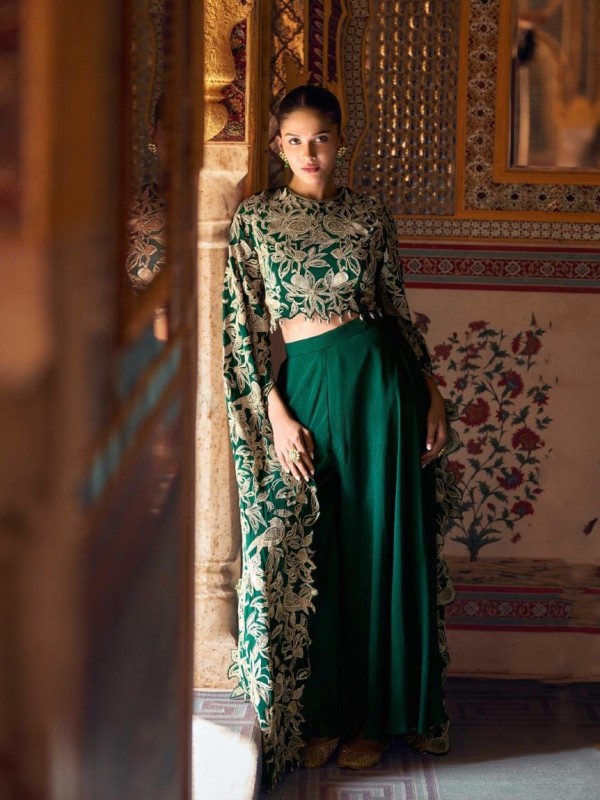 Premium Real Chinon Silk Party Wear Plazo Set Green Color with Embroidery Work