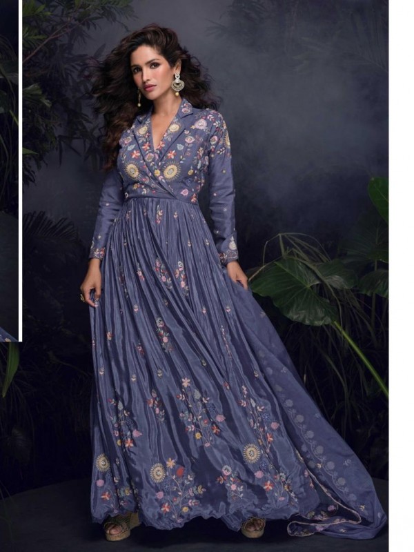 Pure Chinon Silk Party Wear Gown Blue Color with Embroidery Work