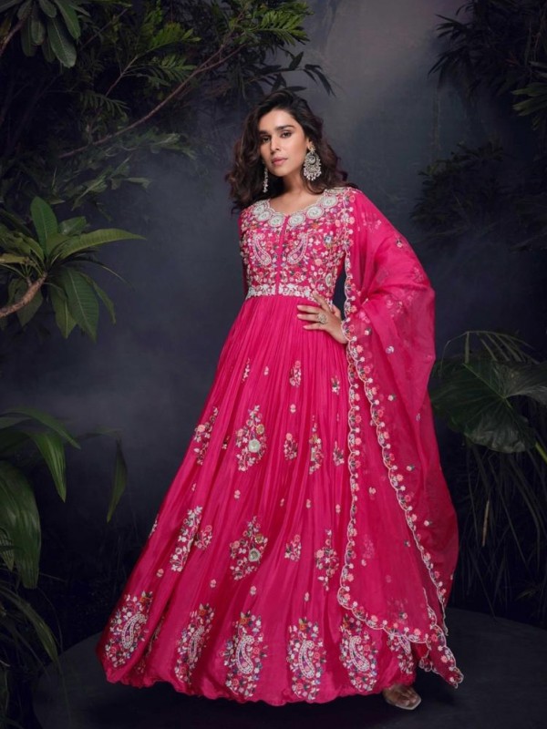 Pure Chinon Silk Party Wear Gown Pink Color with Embroidery Work