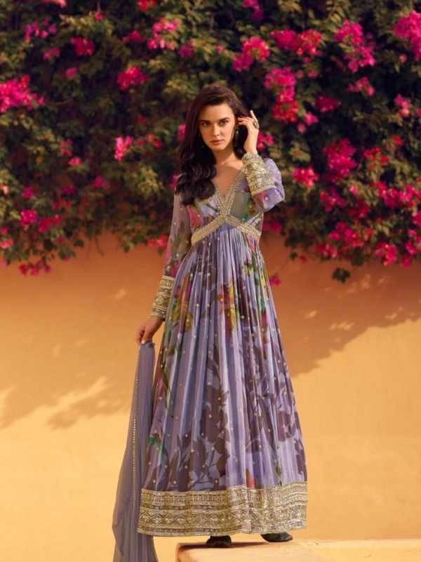 Pure Chinon Silk Party Wear Gown Lovender Color with Embroidery Work