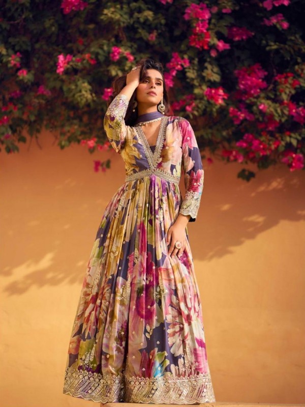 Pure Chinon Silk Party Wear Gown Multi Color with Embroidery Work