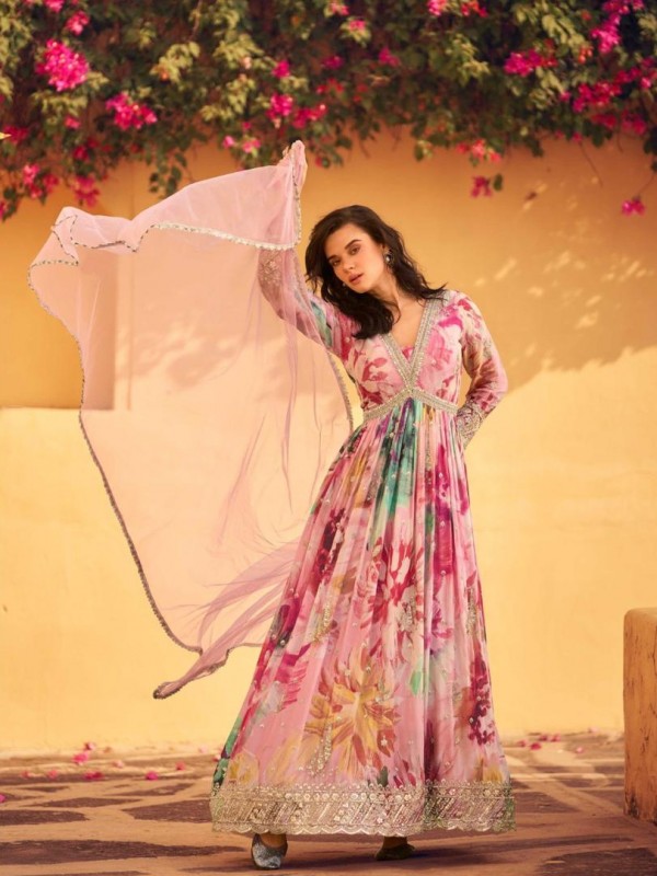 Pure Chinon Silk Party Wear Gown Pink Color with Embroidery Work