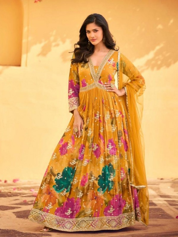 Pure Chinon Silk Party Wear Gown Yellow Color with Embroidery Work