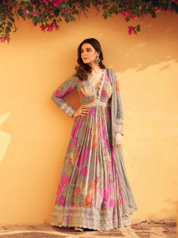 Pure Chinon Silk Party Wear Gown Grey Color with Embroidery Work