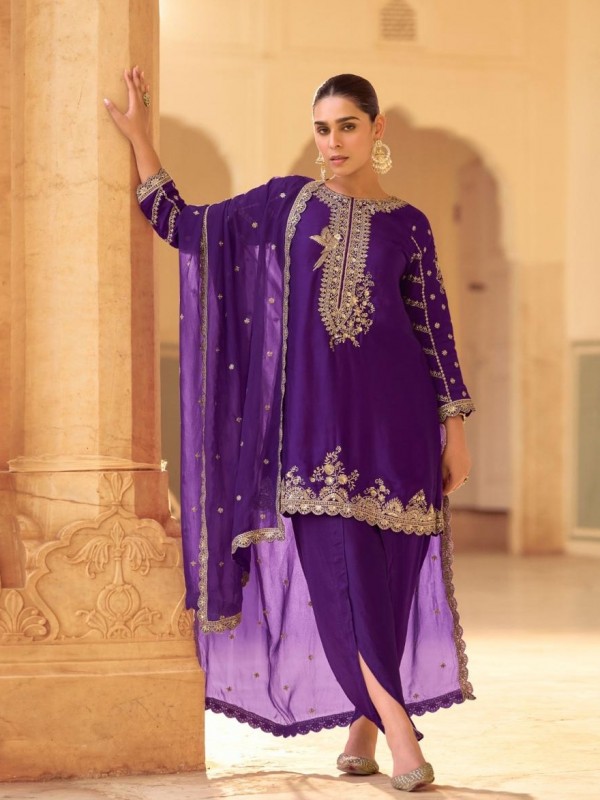 Pure Creap Silk Party Wear Plazo Suit Purple Color with Embroidery Work