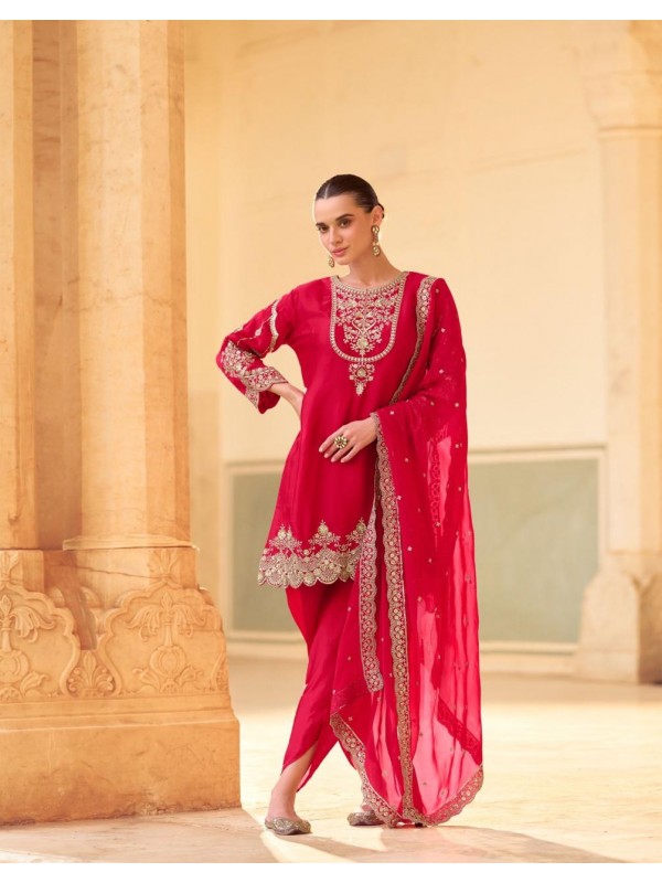 Pure Creap Silk Party Wear Plazo Suit Red Color with Embroidery Work