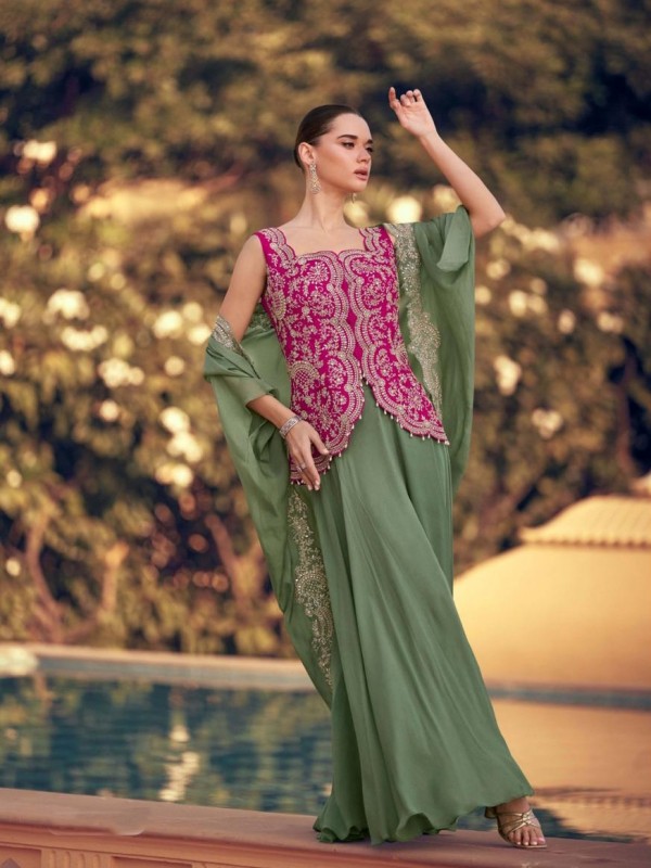 Premium Real Chinon Silk Party Wear Sharara Lime Green & Pink Color with Aari Work