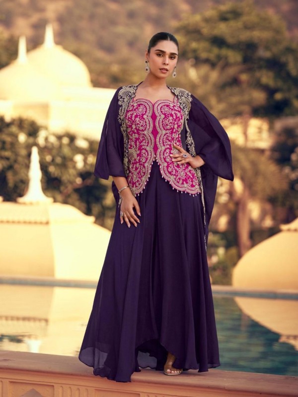 Premium Real Chinon Silk Party Wear Sharara Purple & Pink Color with Aari Work