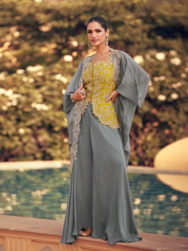 Premium Real Chinon Silk Party Wear Sharara Grey & Yellow Color with Aari Work