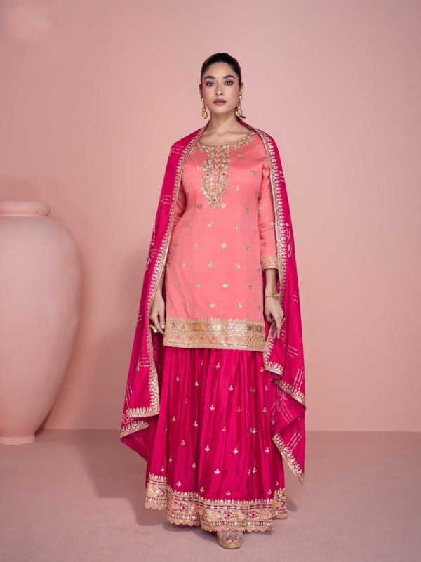 Premium Chinnon Silk Party Wear Sharara Pink Color with Embroidery Work
