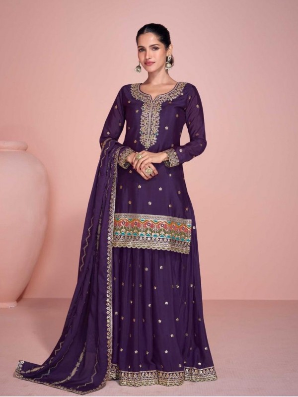 Premium Chinnon Silk Party Wear Sharara Purple Color with Embroidery Work