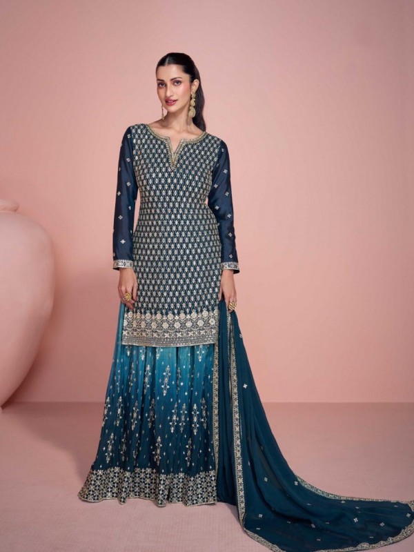 Premium Chinnon Silk Party Wear Sharara Teal Color with Embroidery Work