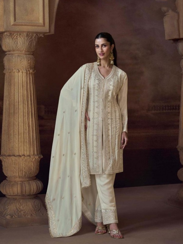Premium Real Chinon Silk Party Wear Plazo Suit Cream Color with Embroidery Work