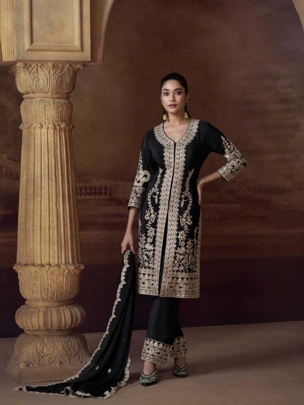 Premium Real Chinon Silk Party Wear Plazo Suit Black Color with Embroidery Work