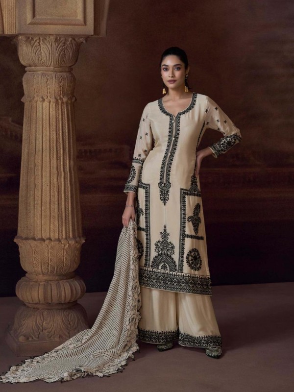 Premium Real Chinon Silk Party Wear Plazo Suit Cream Color with Embroidery Work