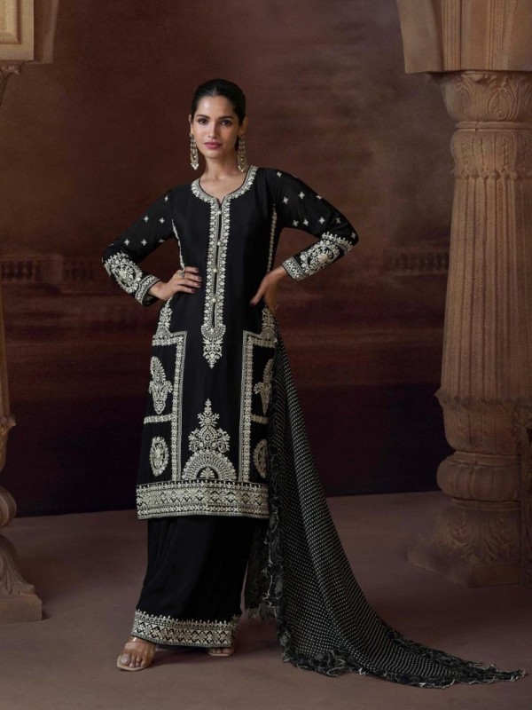Premium Real Chinon Silk Party Wear Plazo Suit Black Color with Embroidery Work