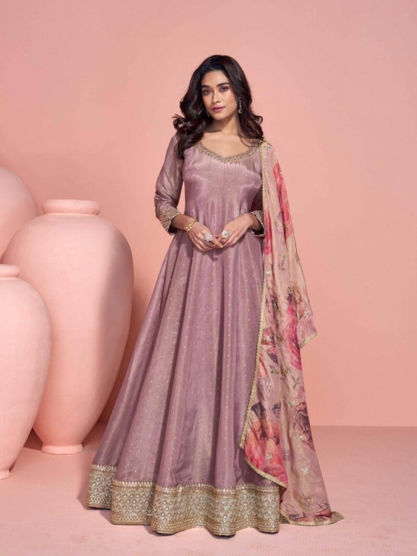Pure Viscose Jacquard Silk Party Wear Gown Pink Color with Embroidery Work