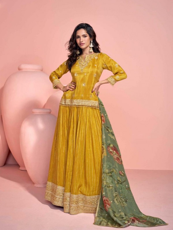 Pure Viscose Jacquard Silk Party Wear Sharara Yellow Color with Embroidery Work