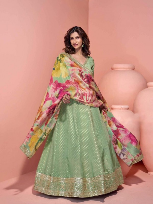 Pure Viscose Jacquard Silk Party Wear Gown Green Color with Embroidery Work