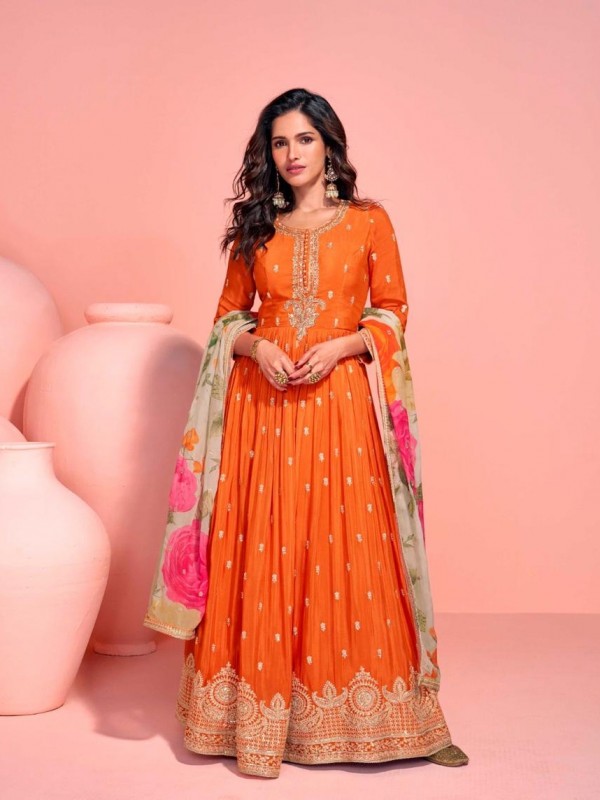 Pure Chinon Silk Party Wear Gown Orange Color with Embroidery Work