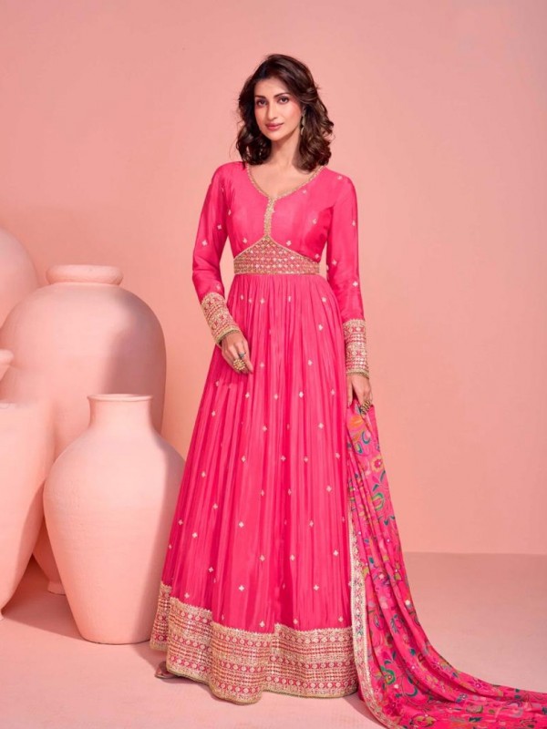 Pure Chinon Silk Party Wear Gown Pink Color with Embroidery Work