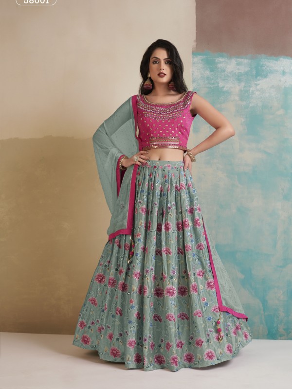 Chinon Silk Fabrics Party Wear Lehenga in Pink  & Grey Color With Embroidery  
