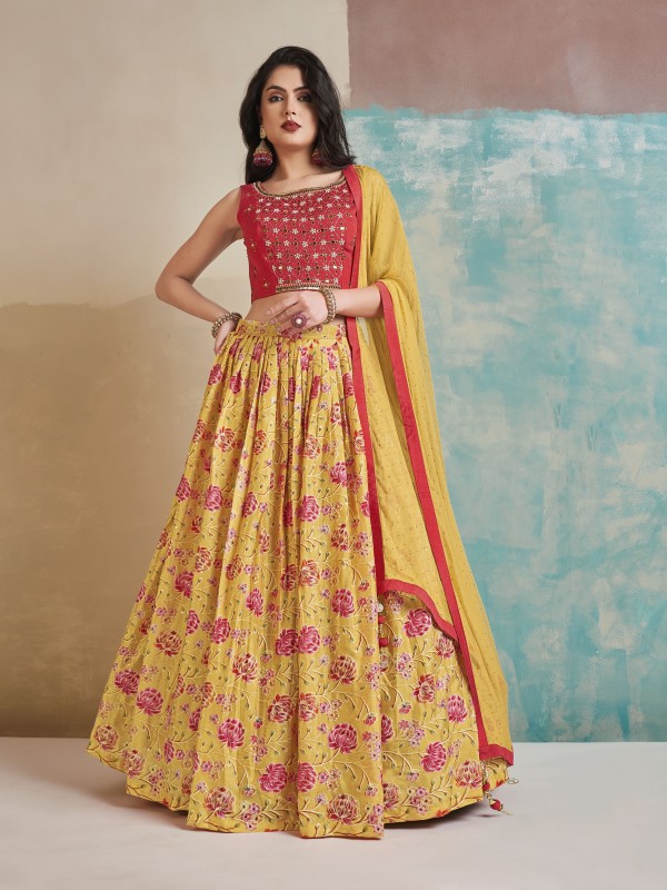 Chinon Silk Fabrics Party Wear Lehenga in Yellow & Red Color With Embroidery  