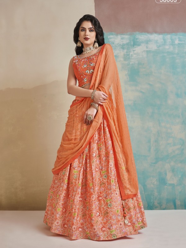 Chinon Silk Fabrics Party Wear Lehenga in Orange Color With Embroidery  