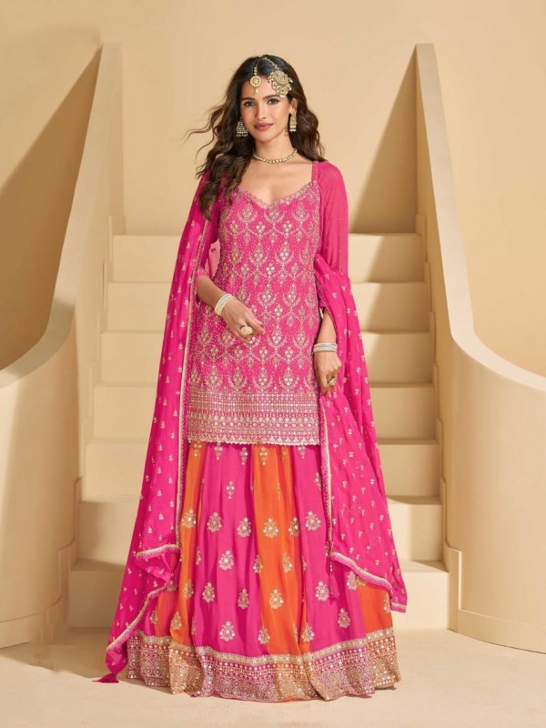 Real Georgette Fabric Party Wear Sharara Pink Color with Embroidery Work