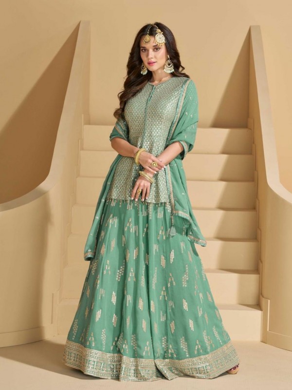 Real Georgette Fabric Party Wear Sharara Lime Green Color with Embroidery Work