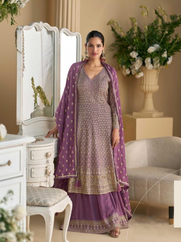 Real Georgette Fabric Party Wear Sharara Purple Color with Embroidery Work