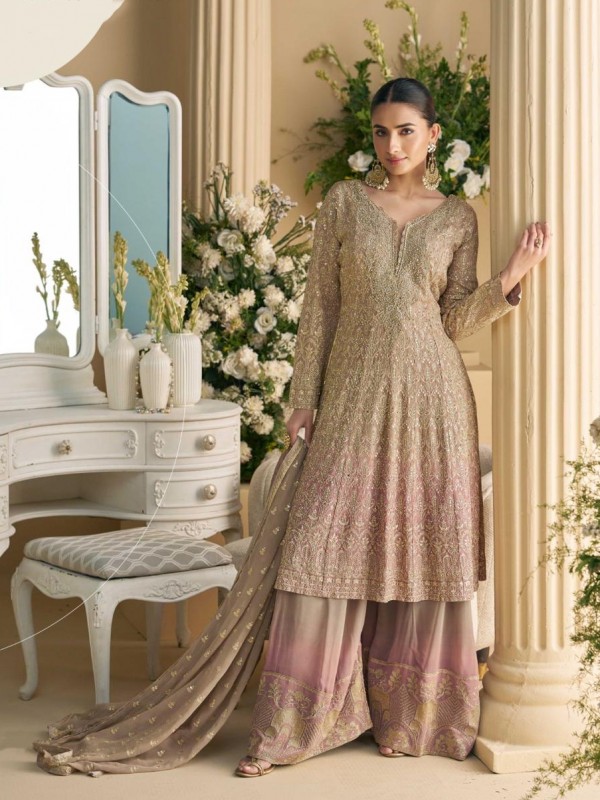 Real Georgette Fabric Party Wear Sharara Beige Color with Embroidery Work