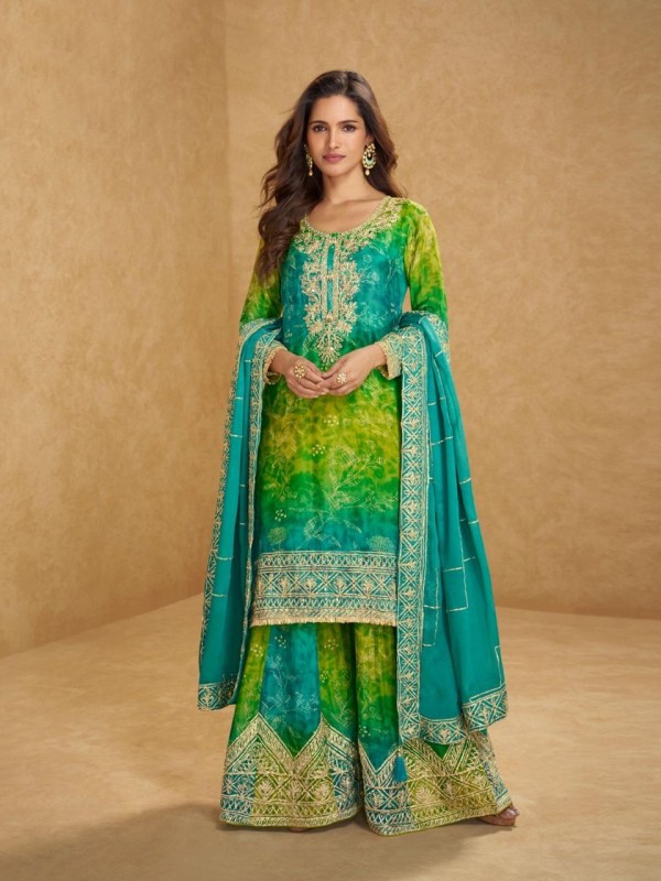 Premium Real Chinon Silk Party Wear Sharara Suit Green Color with Embroidery Work
