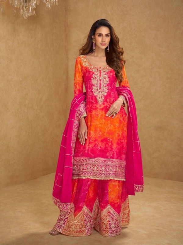 Premium Real Chinon Silk Party Wear Sharara Suit Pink Color with Embroidery Work