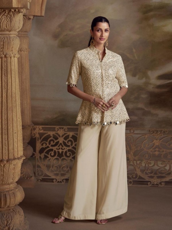 Premium Simmar Silk Party Wear Readymade Sharara Cream Color with Embroidery Work
