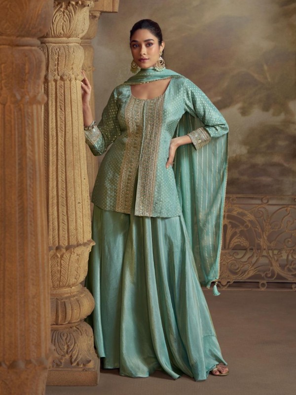 Premium Simmar Silk Party Wear Readymade Sharara Turquoise Color with Embroidery Work