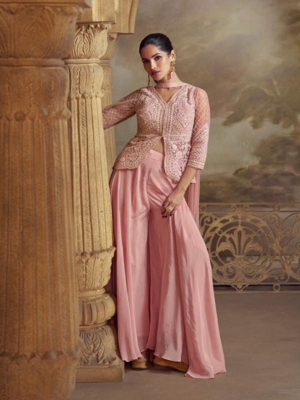 Premium Simmar Silk Party Wear Readymade Sharara Pink Color with Embroidery Work