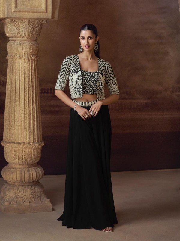 Pure Chinon Silk Party Wear 3 pcs In Black Color with Embroidery Work