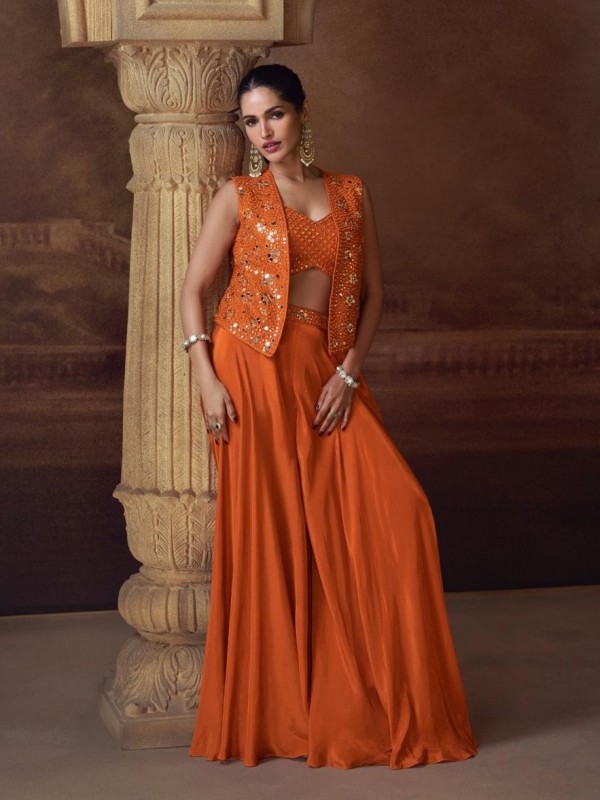 Pure Chinon Silk Party Wear 3 pcs In Orange Color with Embroidery Work