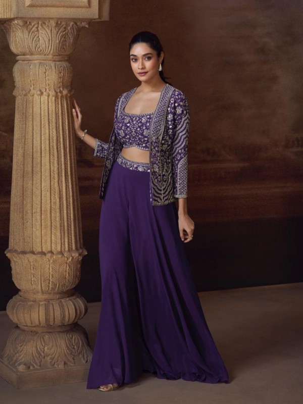 Pure Chinon Silk Party Wear 3 pcs In Purple Color with Embroidery Work