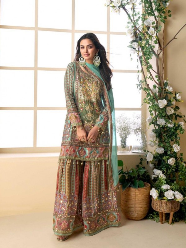 Pure Viscose natural Crepe Silk Party Wear Sharara Multi Color with Aari Work