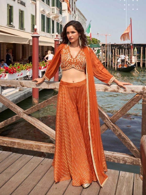 Pure Viscose Jacquard Silk  Silk Party Wear 3 pcs In Orange Color with Embroidery Work