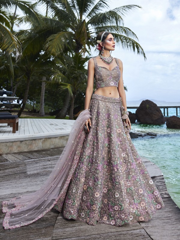Soft Premium Net Party Wear Wear Lehenga In Rose gold Color With Embroidery Work 