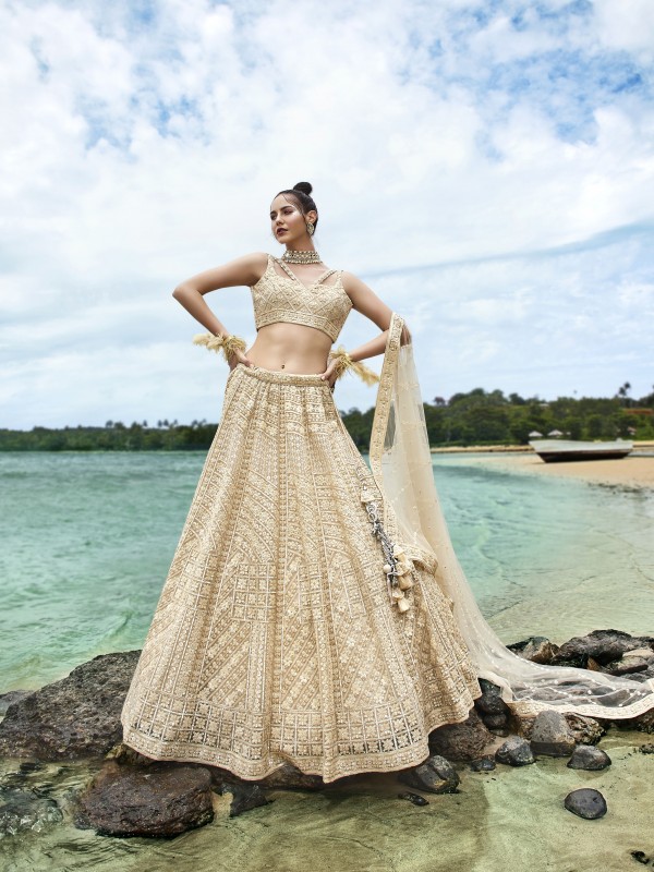 Soft Premium Net Party Wear Wear Lehenga In Cream Color With Embroidery Work 