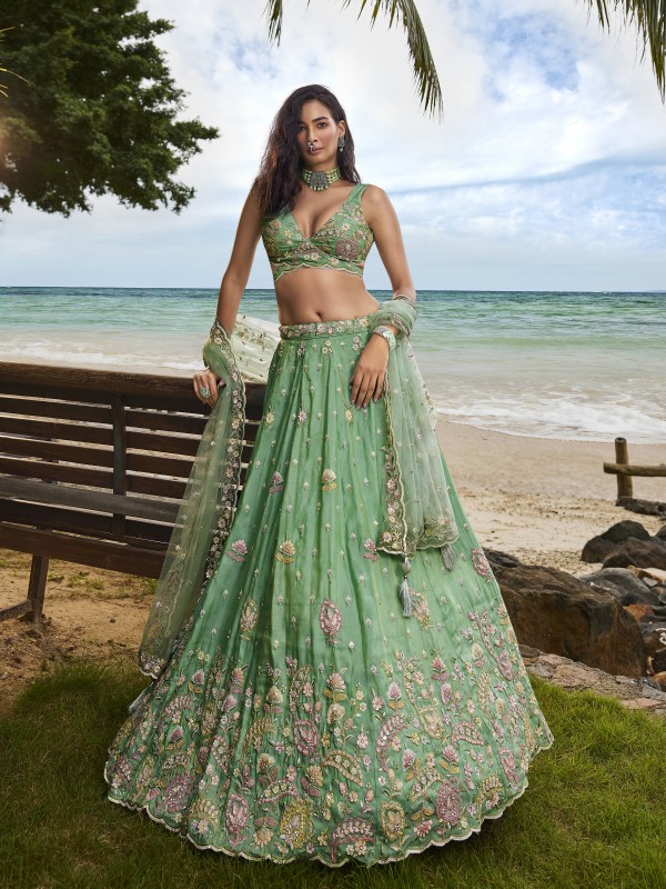 Pure Georgette Wedding Wear Wear Lehenga In Sea Green Color With Embroidery Work 