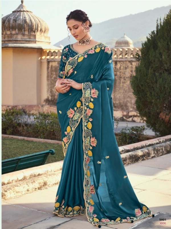  Dola silk  Saree Teal Blue  Color With Embroidery Work