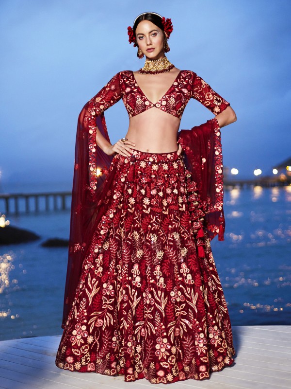 Soft Premium Net Party Wear Wear Lehenga In Red Color With Embroidery Work 