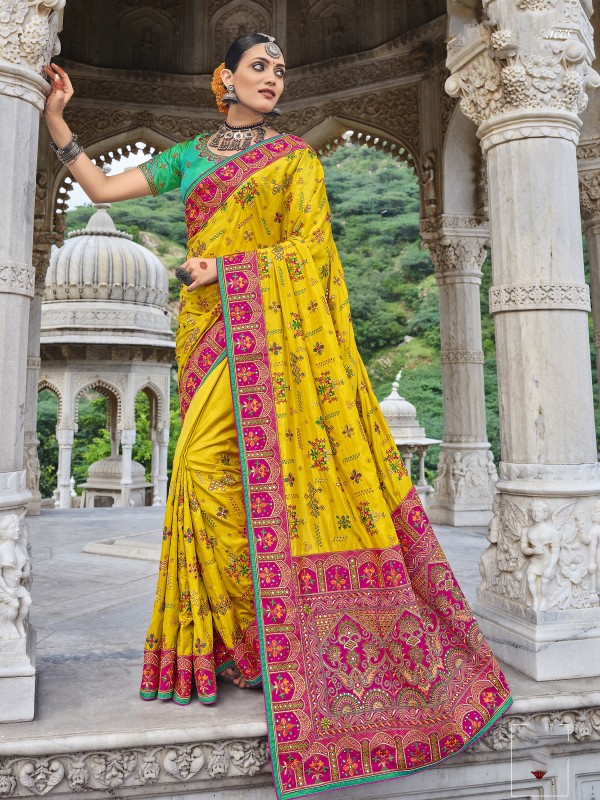 Pure Banarasi Silk Saree In Yellow Color With Embroidery Work