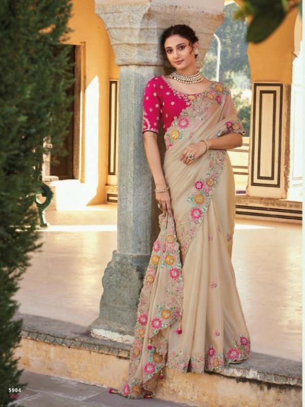  Dola silk  Saree Beige Color With Embroidery Work