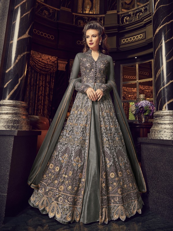 Crystal Stone Work Soft Premium Net Party Wear Readymade   Lehenga  In Grey Color 